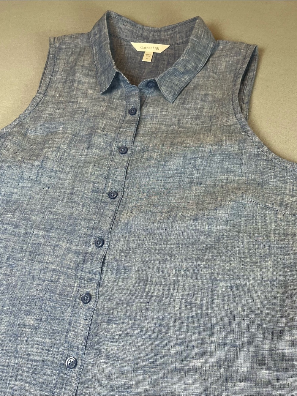 Garnet Hill 100% Linen Sleeveless Button Down Shirt  12 Blue High Low Coastal - Picture 2 of 7